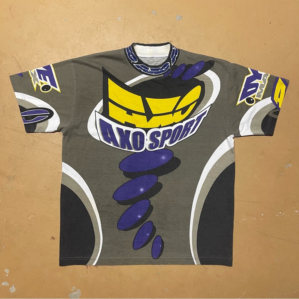 1994 AXO Sport Graphic Racing AOP Tee — Gray, Yellow, Purple LARGE